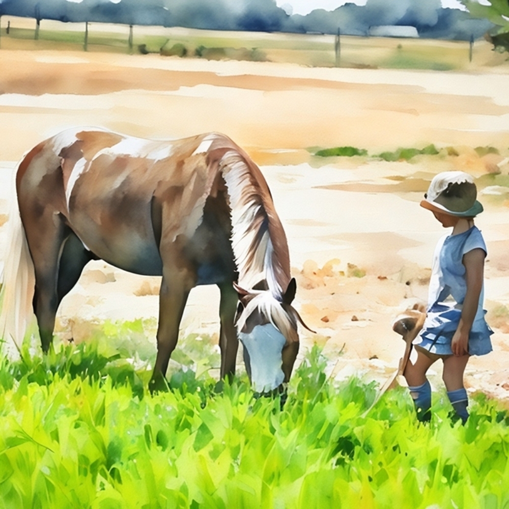 Fine Art wWatercolor Print "Girl Grazing Pony" by Sandra Boos Photography 8x10